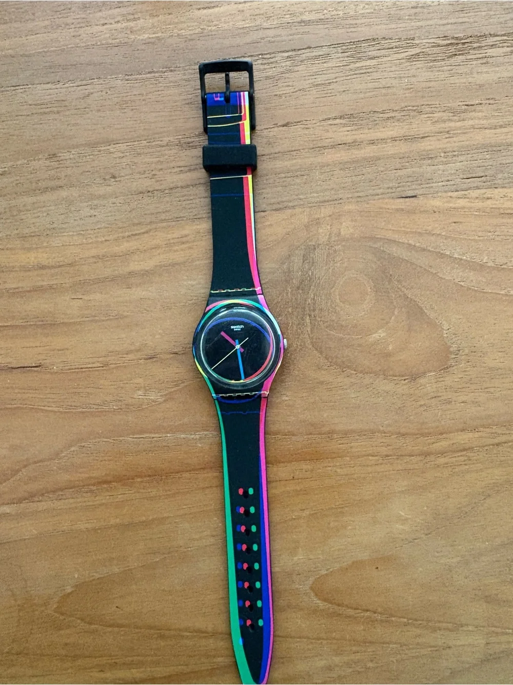 Swatch Black Watch with Neon Pink, Green & Blue Accents